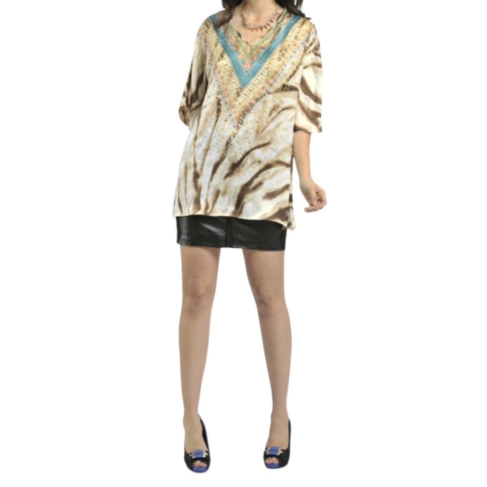 CHICO'S Size 3/XL Blouse Tunic Top Brown Turquoise Beaded Dolman Sleeves NWT